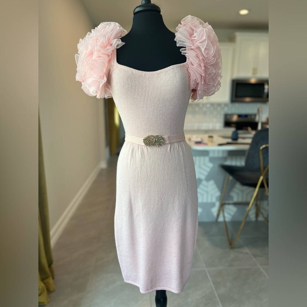 Vintage St. John Knit 1980's Puff Sleeve Rhinestone Belt Barbie Dynasty Dress